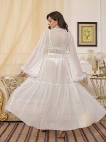 SHEIN 3D Floral Trim Wide Sleeve Maxi Length Sheer Lace Robe PerfectSummer - White - View 2