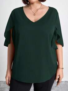 Chikora V-Neck Plus Size Open Slit Sleeve Solid Color Fall Women Shirt,Office Outfits For Women