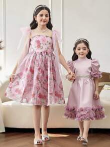 Vestido elegante con estampado floral y decoración de lazo para niñas preadolescentes