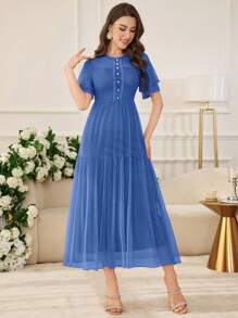 Modelyn Abito ampio elegante da donna in stile primavera/estate con inserti in merletto, perle e bottoni, a pois e fiori con tessuto in in rete