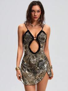 Swim EVENT Vestito estivo casual da spiaggia da donna, copricostume con stampa leopardata e spalline regolabili