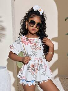 SHEIN Blusa con volantes y manga abullonada con estampado tropical para niña preadolescente