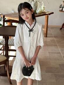 DAZY Tween Girls V-Neck Short Sleeve Dress, Summer,Back To School Clothes - White - View 3