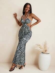 JIAN LASALA Schwarz bedrucktes Kleid mit Spaghettiträgern, figurbetonter Passform, Schlangenschnittausschnitten und Ringen, Partykleid, Sommerkleid, langes Kleid, Bandage-Kleid, Hawaii-Outfit, Ankara-Kleid, Resortwear, fließendes Kleid, vintage Abendkleid