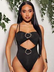 SHEIN SXY Summer Old Money BOHO Vacation Elegant Casual Everyday Wear With Black High-Stretch Knitted Suspenders Knotted Metal Trim Hollowed-Out Bodysuit