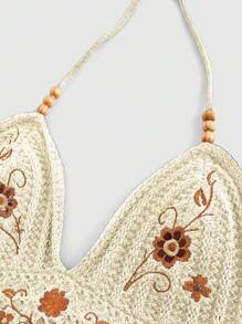 ROMWE Hippie Parte superior tejida de camisola con escote pronunciado, bordada con flores, de estilo hippie, con cordón de cierre en la espalda, para tallas grandes