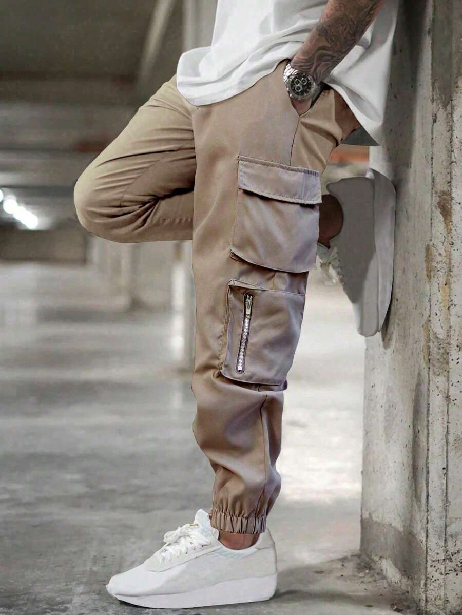 Manfinity Homme Men Stylish Casual Multi-Pocket Cargo Pants, Suitable For Summer - Khaki - View 1