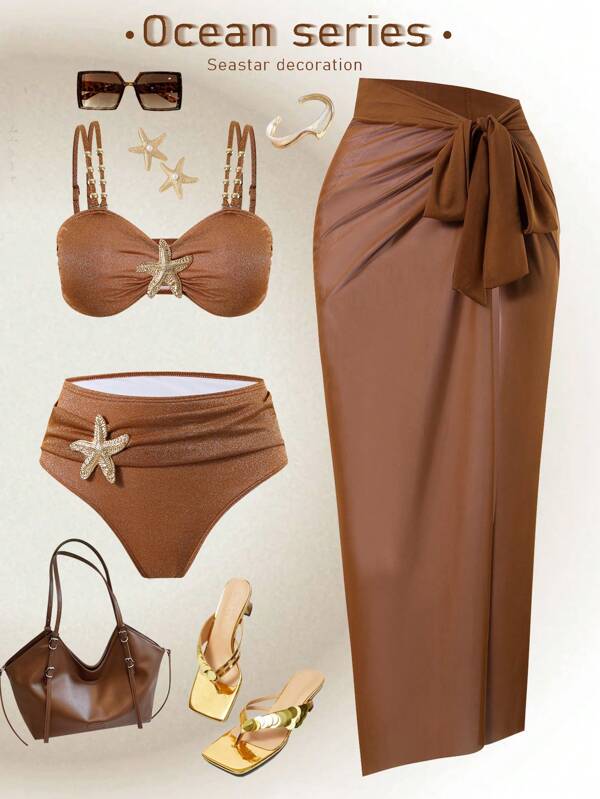 Swim Oasis 3 pezzi Set di costumi da bagno tankini con decorazione in metallo, taglia comoda, con pareo coprente, abito casual da spiaggia, per l'estate