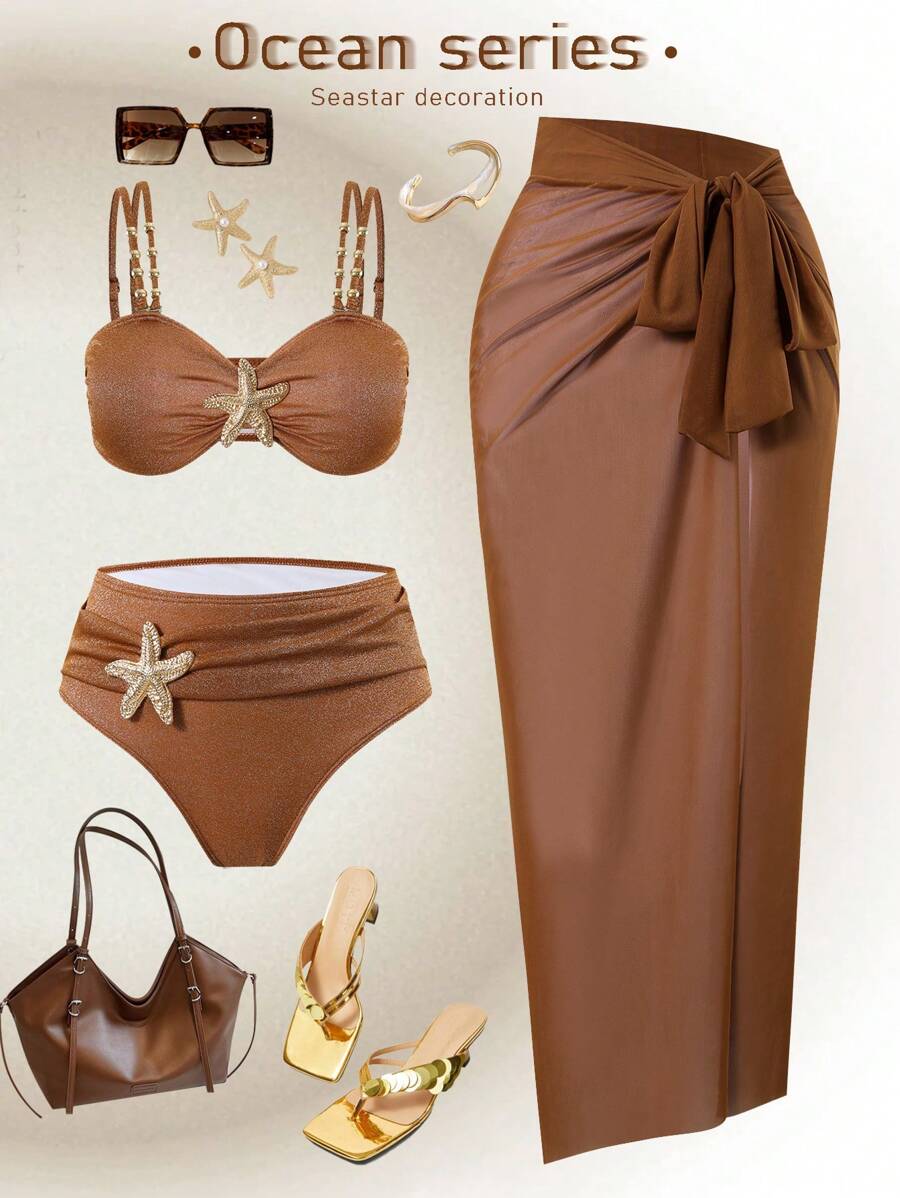 Swim Oasis 3pcs Plus Size Women Metal Decor Tankini Swimsuit Set With Sarong Pareo Coverup, Casual Beach Outfit, Summer - Brown - View 1