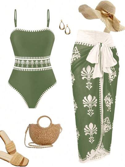 Swim Oasis New Women 2pcs Beach Floral Halter One-Piece Swimsuit & Mesh Cover-Up Skirt Set, Summer Casual Swimwear Ibiza Outfit