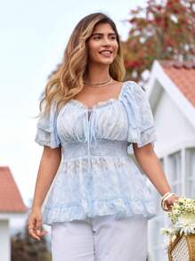 KURAYIA Plus Size Women's Elegant Floral Jacquard Contrast Double-Layer Cap Sleeve Blouse, Blue - Blue - View 3