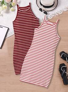 SHEIN Gestreiftes ärmelloses Kleid in Große Größen für Mädchen, Mehrfachpackung