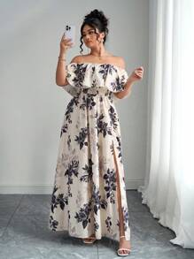 Elenzga 2025 夏季新款大码女装时尚花卉印花露肩荷叶边露肩收腰修身长裙，适合度假、约会、通勤、旅行等 - 彩色 - 查看 2