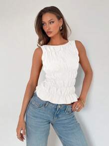 Breezaya 1pc Women's Ruffle Hem Round Neck Camisole, Fashionable For Summer - White - View 4
