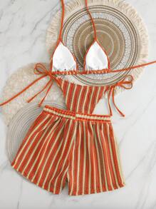 Swim Mod 3件套波西米亚风格钩编面料抽绳泳衣罩衫和比基尼套装