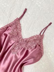 SilkySpell 4pcs Women Embroidered Trim Faux Silk Pajama Set, Fall Clothes - Dusty Pink - View 4