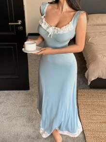 DAZY Romantic Knitted Lace Patchwork Cami Long Nightgown For Women Pajama - Blue - View 1