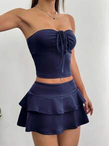 SHEIN Unity 2pcs Women Set: Crop Top & Ruched Cake Skirt - Navy Blue - View 3
