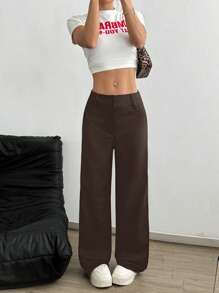 Flirla 女士低腰纯色裤子，夏季时尚 - 棕色 - 查看 6