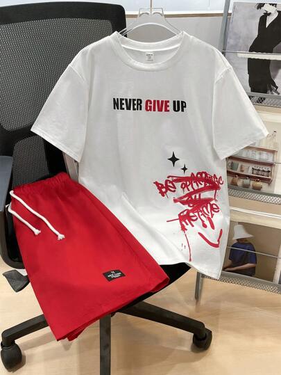 SHEIN 2pcs Teen Boys Casual Short Sleeve Shorts Set, Street & Punk Rock Style, Suitable For Outdoor, Party, Music Festival, Spring/Summer, Graffiti Print & Color Blocking