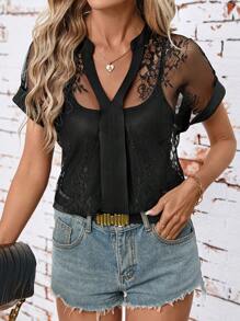SHEIN Clasi Women's Sexy Lace Patchwork Sheer Panel Notched Neck Blouse Boho  Country - Black - View 5