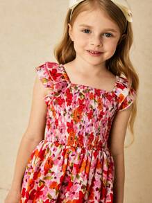 SHEIN Young Girls Elegant Red Ditsy Floral Ruffled Sleeve Shirred Dress - Multicolor - View 5