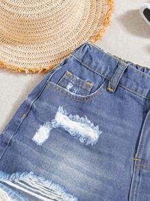 SHEIN Teen Girls Y2K Spring Summer Break Solid Washed Ripped Raw Hem Denim Jeans Shorts,Summer Beach Boho Vacation Shorts Outfits,Summer Concert Festival Casual Rave Outfits - Medium Wash - View 4