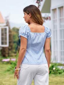 KURAYIA Camisa a cuadros con mangas abultadas y cuello cuadrado para mujer talla grande