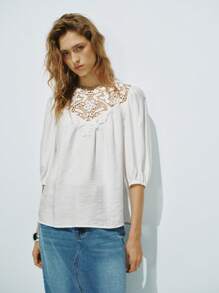 Lumivelle Nuova camicetta bianca estiva in cotone, in pizzo a rete, con collo tondo e inserti in pizzo, adatta per insegnanti, abbigliamento estivo da donna, casual, per uscite, viaggi e versatile