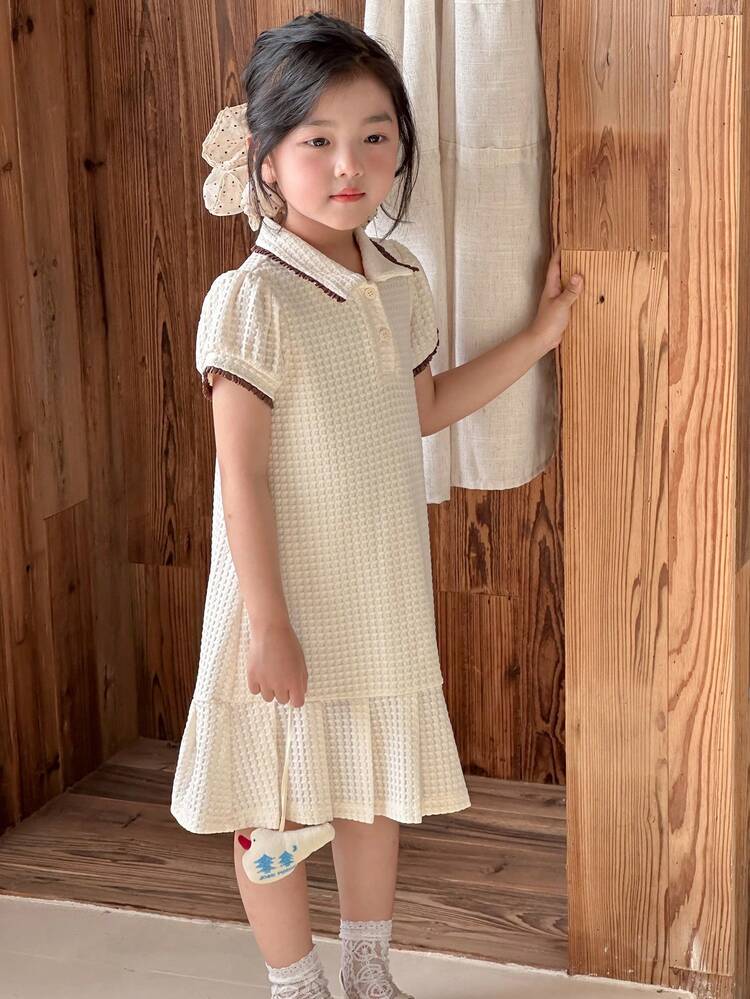 Young Girls Summer Polo Collar Contrast Color Ruffle Hem Casual Dress