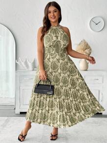 Flirla Plus Size Women Crew Neck Sleeveless Pleated Dress - Green - View 3
