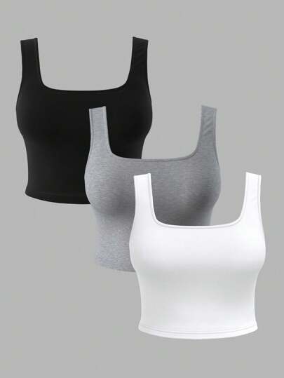 SHEIN BASICS 3pcs/Set Casual Knitted Fitted Cropped Tank Tops, Plus Size