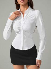 SHEIN Tall Langärmeliges Hemd mit Knopfleiste, bürotauglich/pendlerfreundlich, täglicher Spitzenbesatz, geraffter Stehkragen, Slim Fit, langärmliges weißes Hemd, modisch für den täglichen Sommer-Gebrauch - Weiss - Übersicht 7