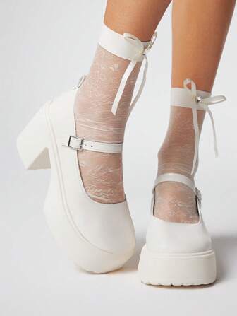 Women's White High Heel Shoes, Closed Toe, Strap Mary Jane Style, Chunky Heel, Loafer Shoes, Sweet Japanese JK Uniform Style, Formal Work Shoes