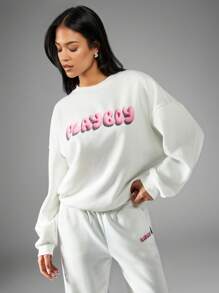 Missguided x Playboy Classic Bubble Letter Logo Sweatshirt Loungewear Set With Bunny Back Print Oversized Athleisure Streetwear Winter Cozy Casual - White - View 1