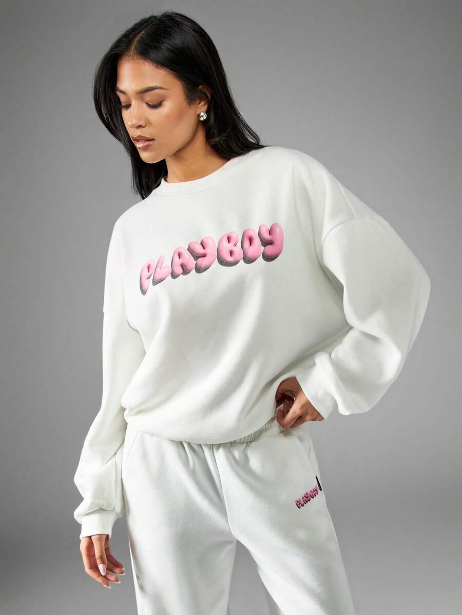 Missguided x Playboy Classic Bubble Letter Logo Sweatshirt Loungewear Set With Bunny Back Print Oversized Athleisure Streetwear Winter Cozy Casual - White - View 1