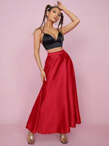 SHEIN PETITE High Waist Solid Flared Party Women Skirt
