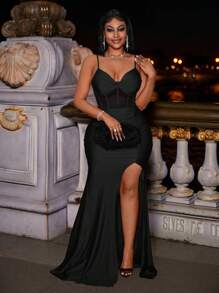 Slaydiva 2024 New Easter/Western/Valentine's Day Dress/Prom Dress/Wedding Guest Dress For Women/Concert Outfit For Women/Cruise Attire For Women/Festival Outfit For Women, Elegant Party Sexy Suspender Waist, See-Through High Slit To Mid-Thigh, Slim Glossy Red Maxi Skirt For Women, Maxi Dress - Size M,Summer Outfits For Women - Black - View 4