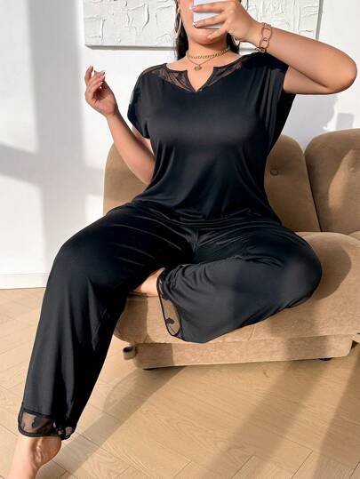 SHEIN Plus Size Women European & American Design Hollow-Out Lace Patchwork Notch Neck Casual Top & Pants Pajamas Set, Outfits