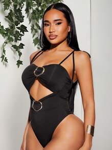 SHEIN SXY Summer Old Money BOHO Vacation Elegant Casual Everyday Wear With Black High-Stretch Knitted Suspenders Knotted Metal Trim Hollowed-Out Bodysuit