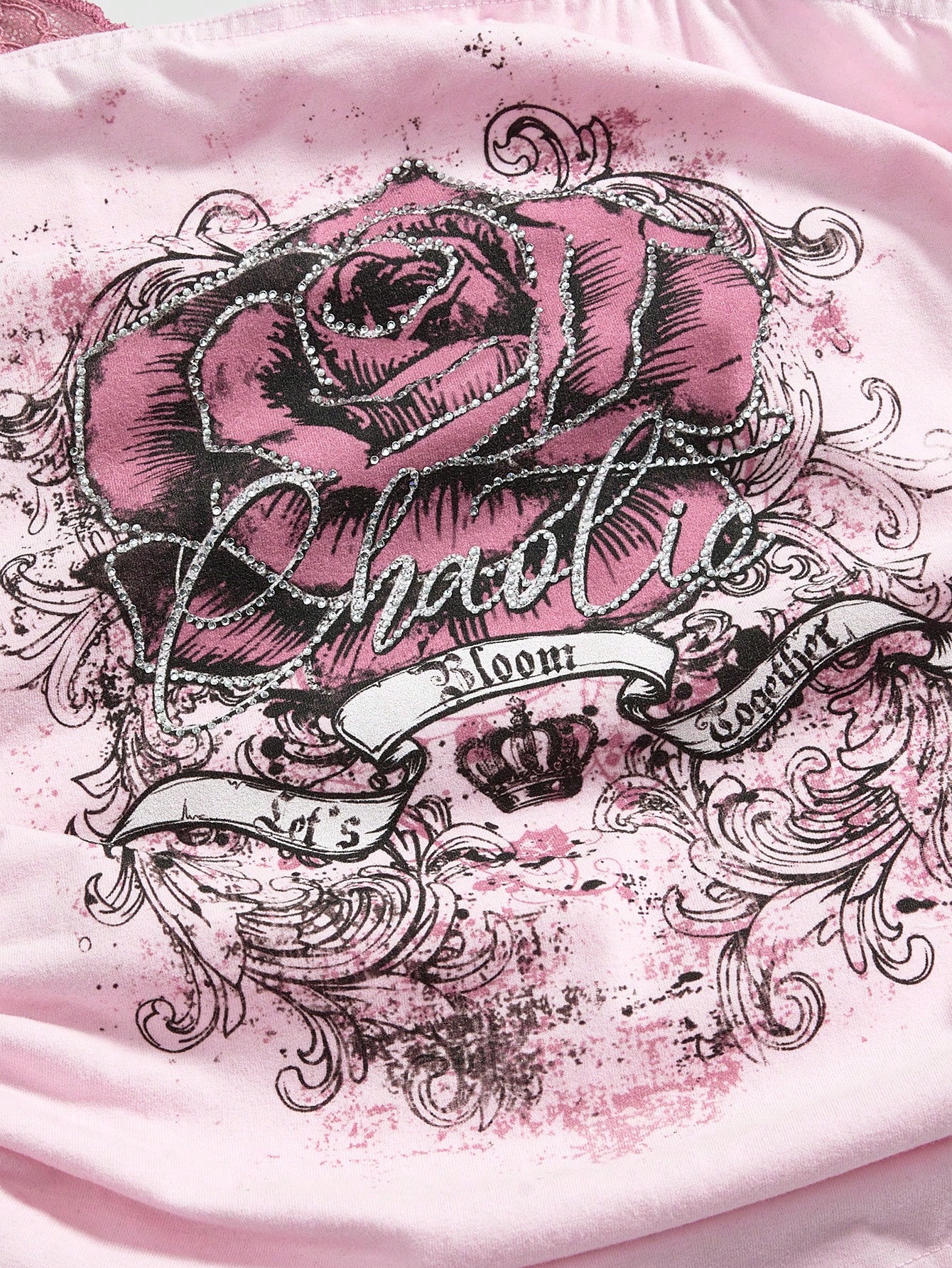 Our J-Fashion 2pcs/Set Y2K Rose Print Rhinestone & Lace Ruffle