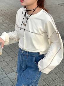 FRIFUL 女士宽松短款圆领撞色拼接T恤，春季、秋季衣服长袖女上衣 - 米色 - 查看 2