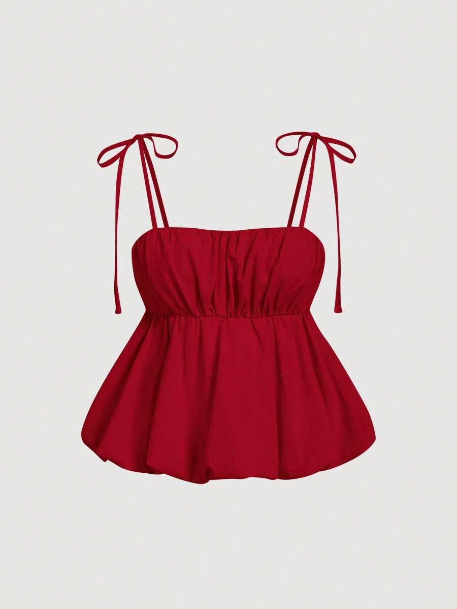 SHEIN MOD 女士勃艮第泡泡袖上衣、春季吊带背心、狂欢节、情人节 - 酒紅色 - 查看 1