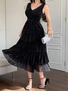 DAZY Vestido elegante de midi con cuello en V sin mangas y brillo para mujeres, para el verano