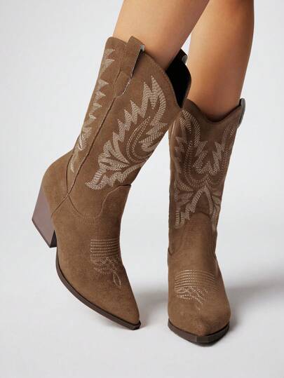 Fairycore Women's Retro V-Cut Pointed Toe Chunky Heel Embroidery Western Cowboy Boots, Outdoor Slip-On Fashion Mid-Calf Boots, Autumn/Winter