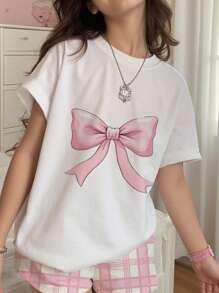 SHEIN Leap Crew Tween 女童休闲简约蝴蝶结图案圆领短袖短裤睡衣套装，适合夏季 - 彩色 - 查看 4