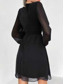 EURMUSE Surplice Neck Lantern Sleeve Belted Dress - Black - View 2