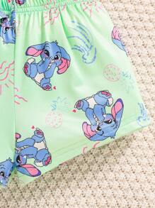 2pcs/Set Girls Cute Cartoon Droopy Ear Blue Rabbit Print Short Sleeve Top And Shorts Comfortable Casual Homewear Set Clothing Sets For Kids S Baby Clothes For Girls Kids Clothing Sets Kids Summer Clothes Outfit Set - Green - View 6