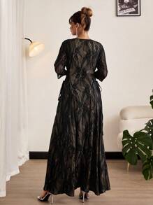 SHEIN Clasi Plus Size Romantic And Elegant Square Collar Side Strap Design Black Lace Dress,Lace Dress - Black - View 2