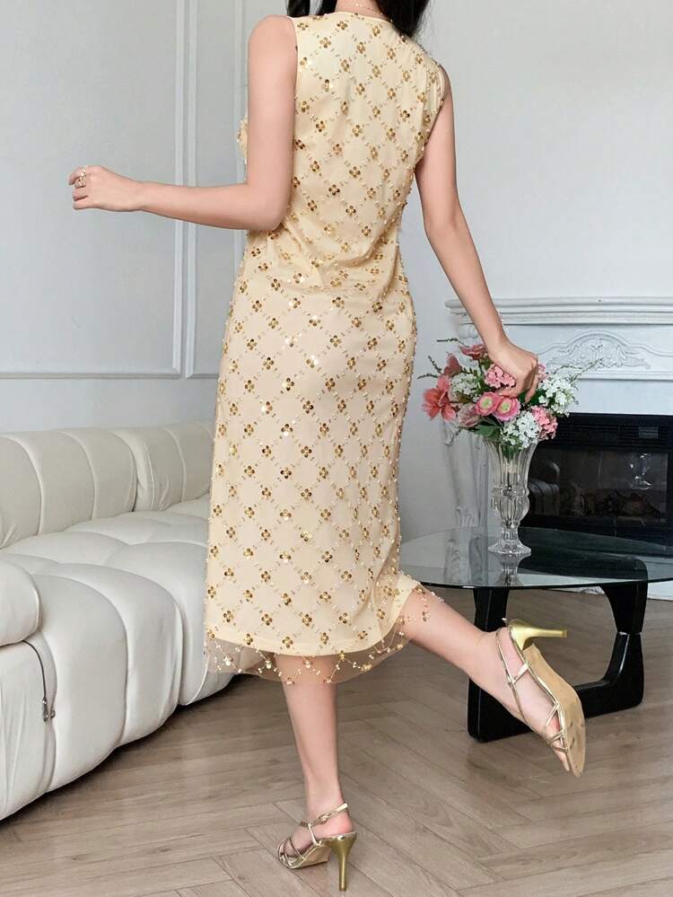 Elegant Sleeveless V-Neck Sequins Midi Dress For Women, Summer Prom Dress New Years Women Outfit Cocktail Dress